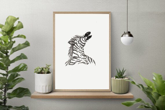 Zebra Happy Art Black White Modern Surreal Drawing Intricate Home Wall Decor