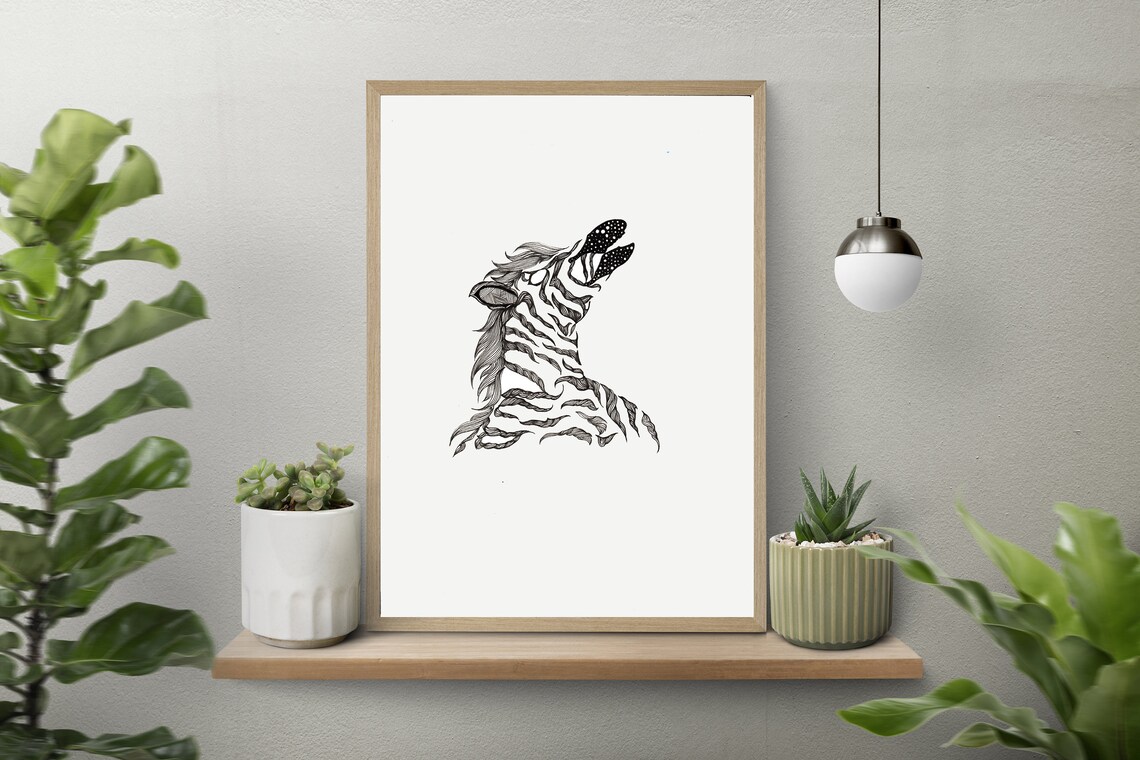 Zebra Happy Art Black White Modern Surreal Drawing Intricate Home Wall Decor