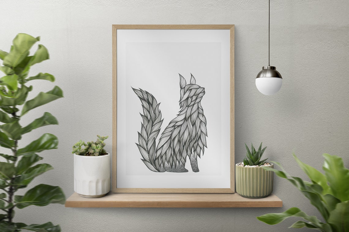 Cat Line Art Print Intricate Black And White Leaf Strokes Drawing