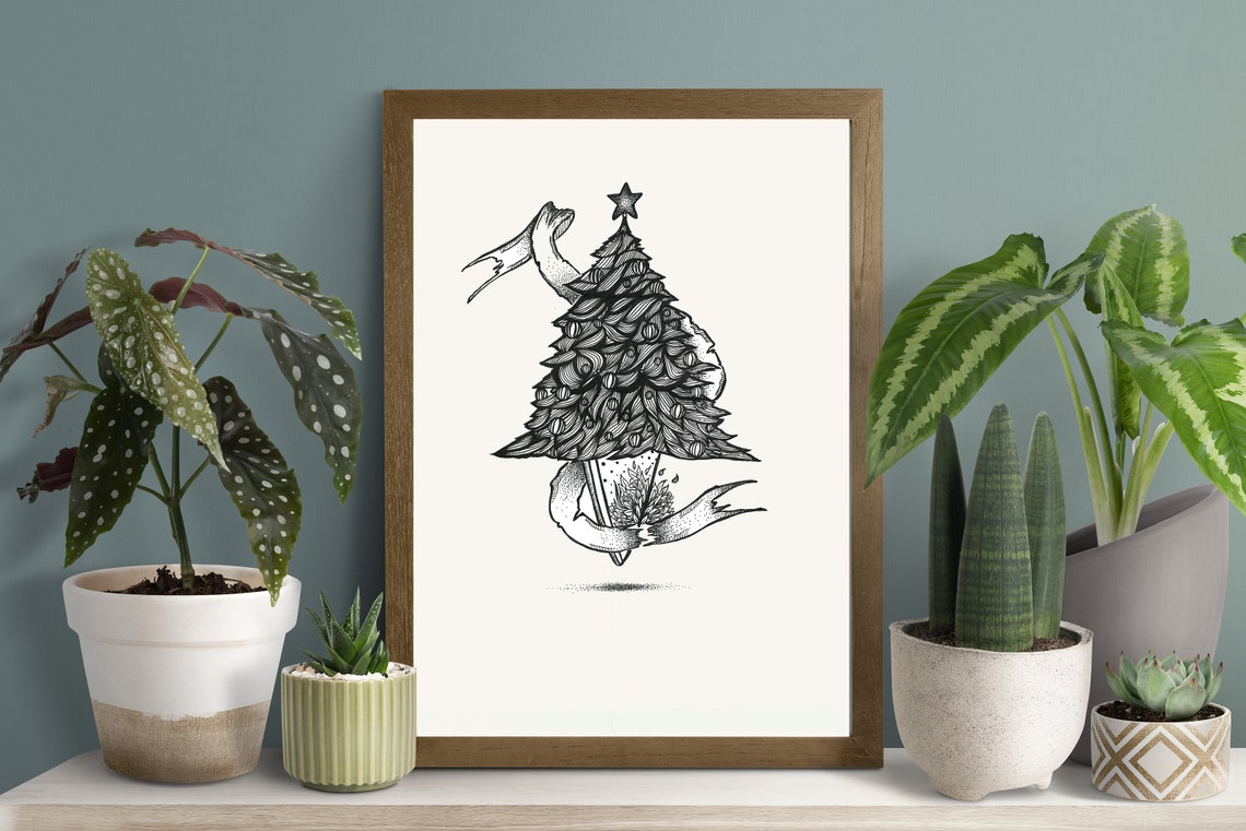 Black and White Hand Drawn Christmas Tree Holiday Season Poster