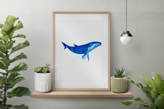 Blue Humpback Whale Watercolor Poster Minimalist Ocean Nursery Art