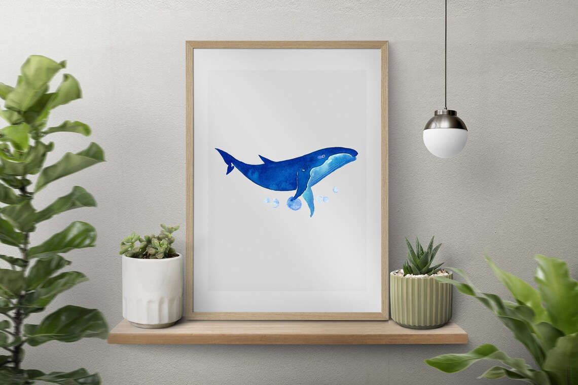 Blue Humpback Whale Watercolor Poster Minimalist Ocean Nursery Art