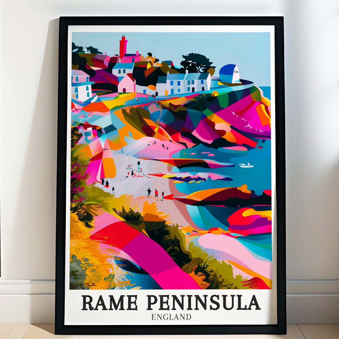 Rame Peninsula England Colorful Beach Clifftop Houses Poster