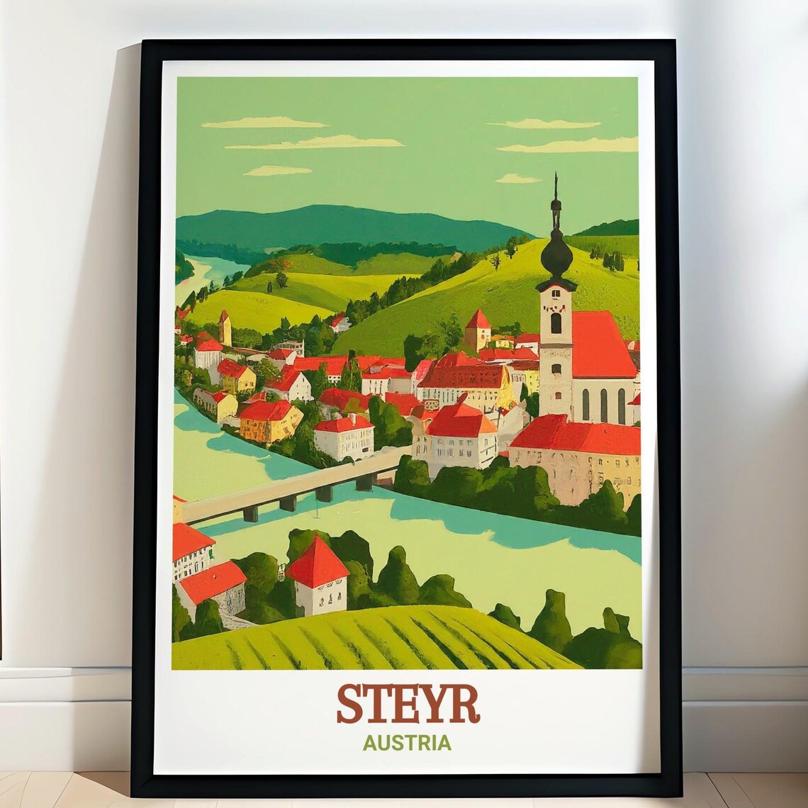 Steyr Austria Riverside Old Town and Church Tower View Poster