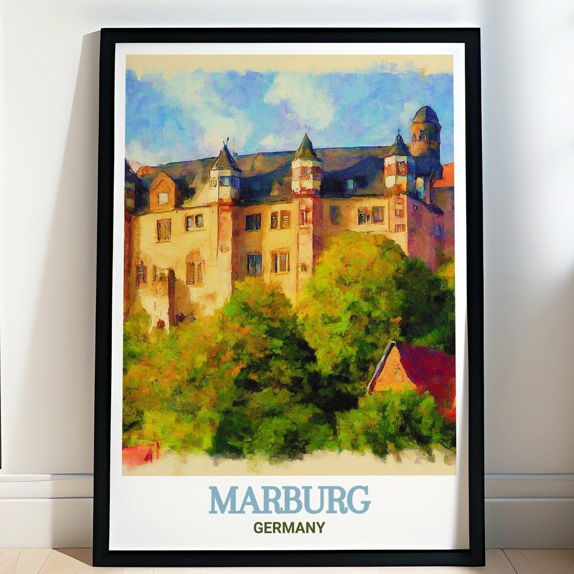 Marburg Castle Hilltop Fortress Towers Germany Painterly Travel Poster