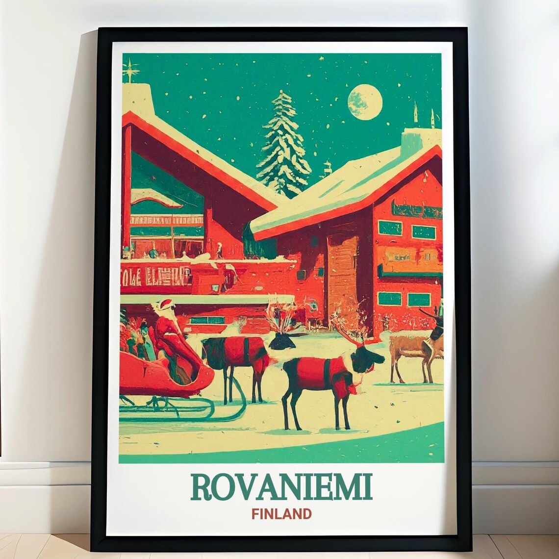Rovaniemi Finland Poster with Santa Claus Sleigh and Reindeer Snow