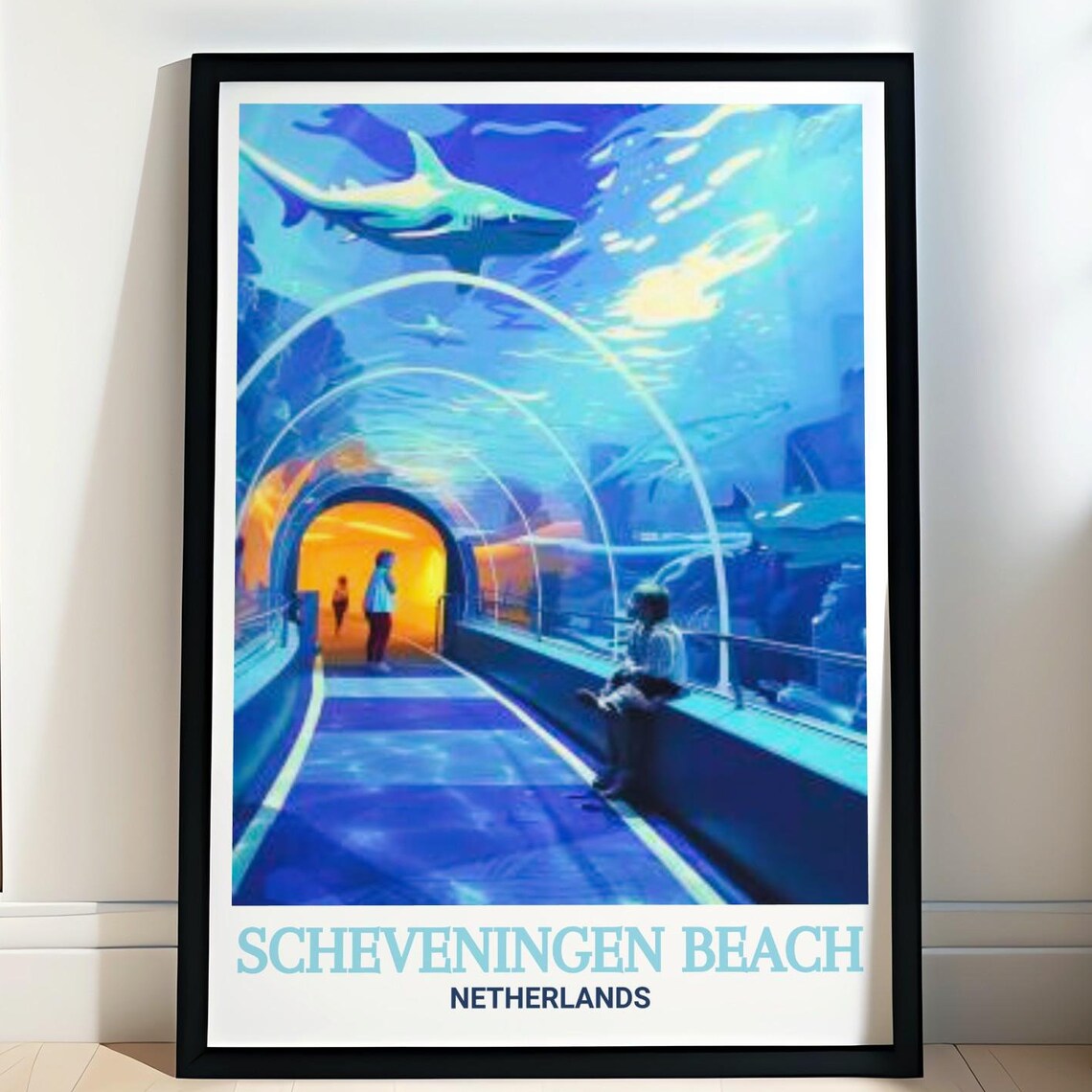 Scheveningen Beach Poster with Aquarium Tunnel and Swimming Sharks