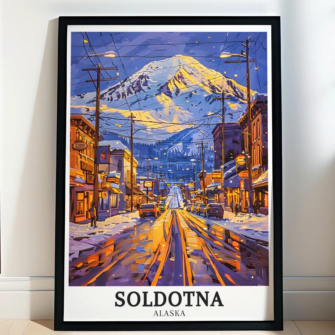 Soldotna Alaska Snowy Mountain Street Winter Glow Travel Poster
