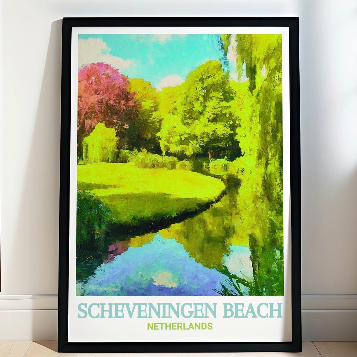 Scheveningen Beach Poster with Sunlit Park Pond and Willow Trees