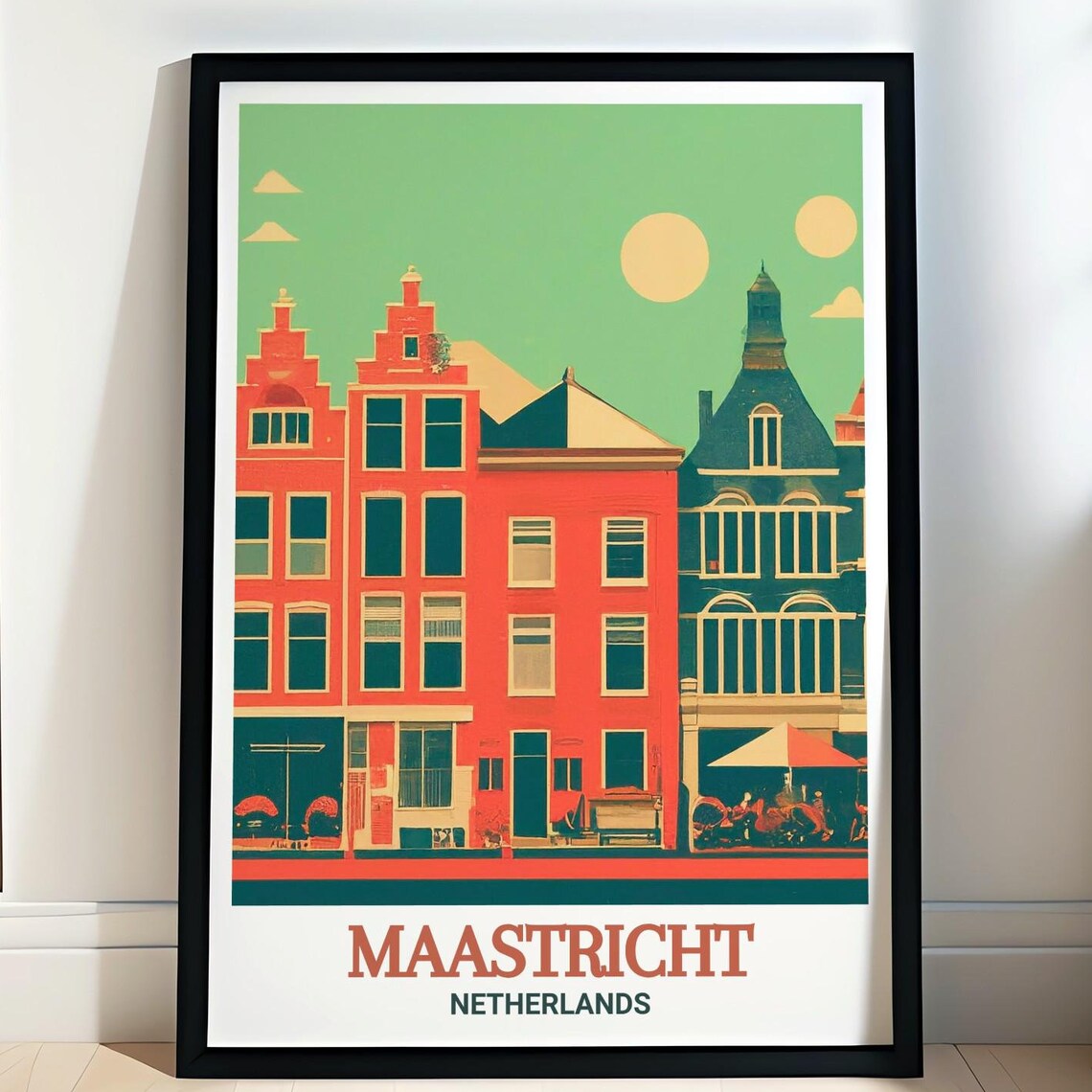 Maastricht Vrijthof Square Red Teal Dutch Gabled Houses Travel Poster