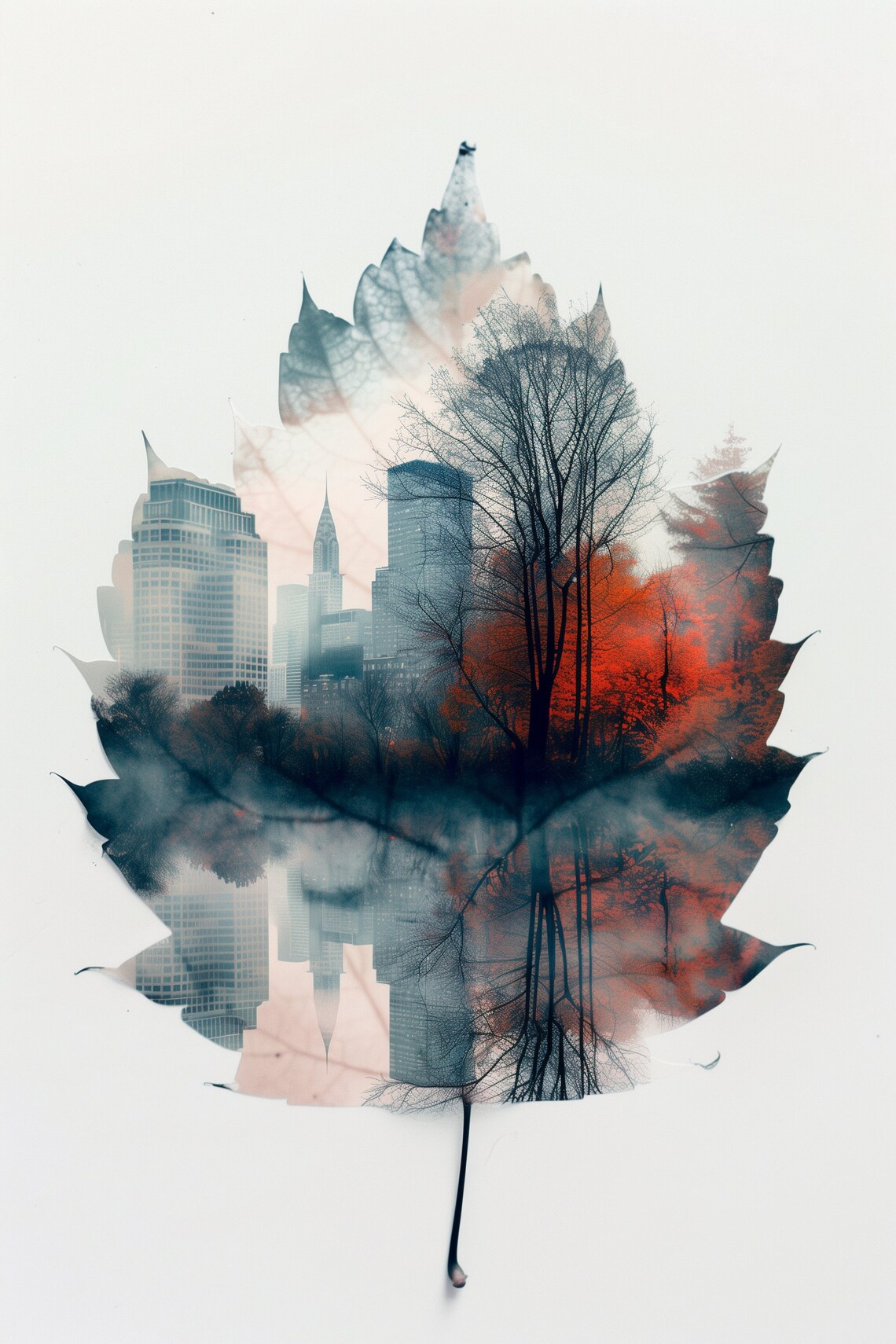 Autumn Leaf Double Exposure City Skyline Watercolor Urban Nature Poster - Image 2