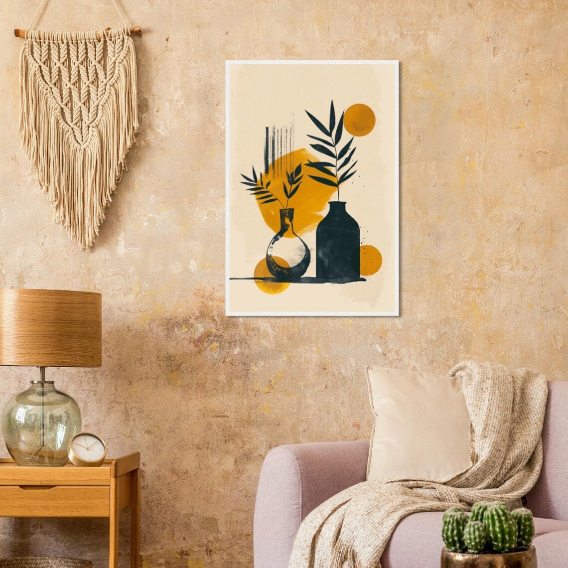 Botanical Still Life Dark Vases Leafy Branches Ochre Sun Art Poster - Image 2
