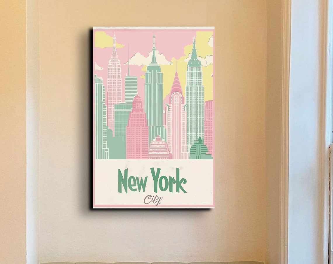 New York City Retro Skyline Pink Mint Vintage Travel Art Poster
