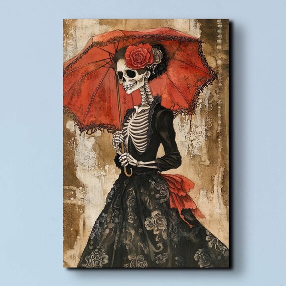 Elegant Skeleton Lady Victorian Gown Red Parasol Gothic Art Poster