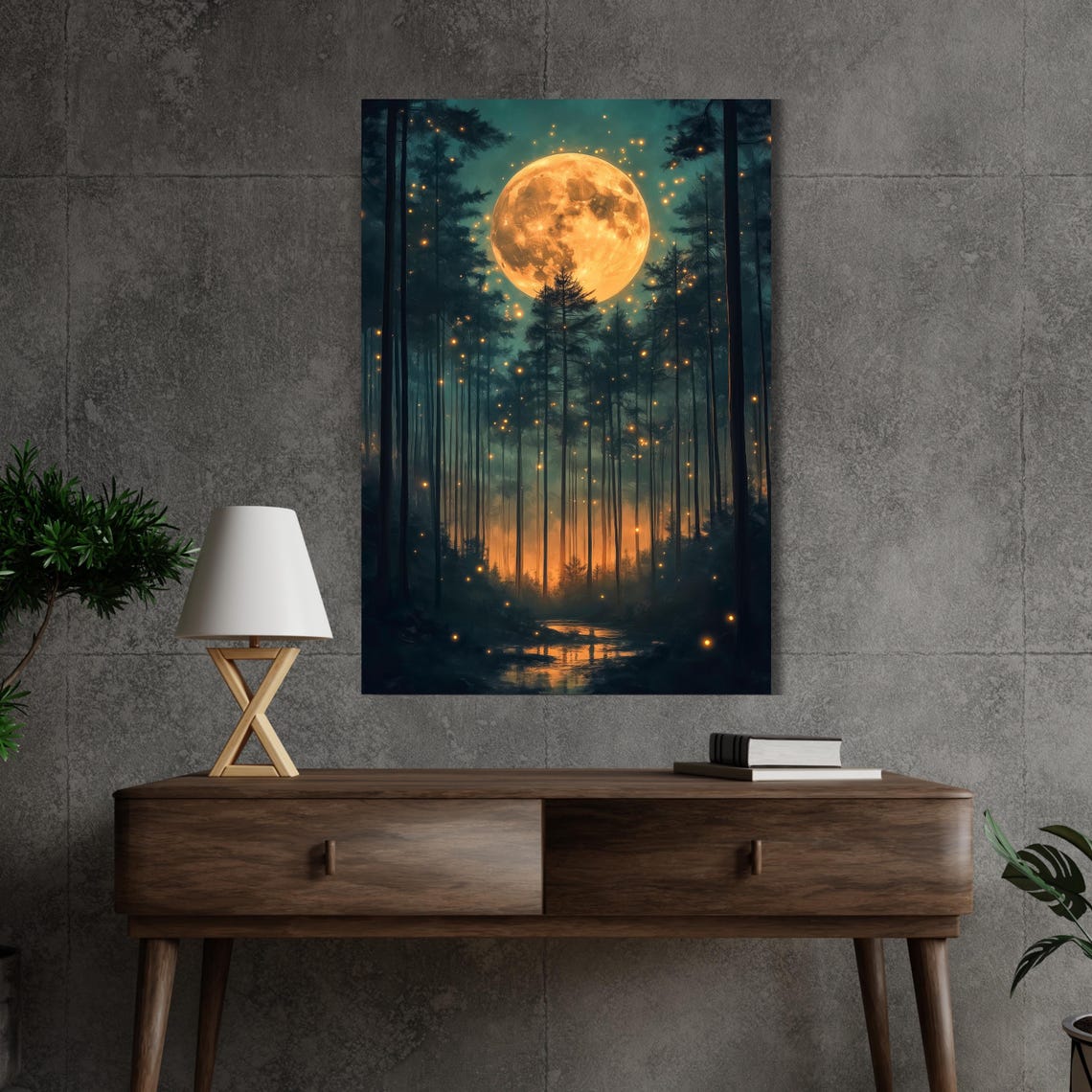 Golden Full Moon Over Dark Pine Forest Starry Night Sky Wall Art - Image 5