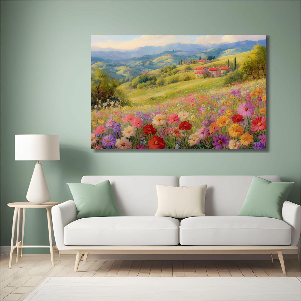 Tuscan Hillside Village Wildflower Meadow Oil Painting Poster - Image 4