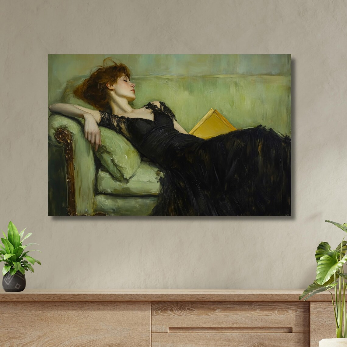 Woman Reclining with Book on Green Sofa Impressionist Poster - Image 2