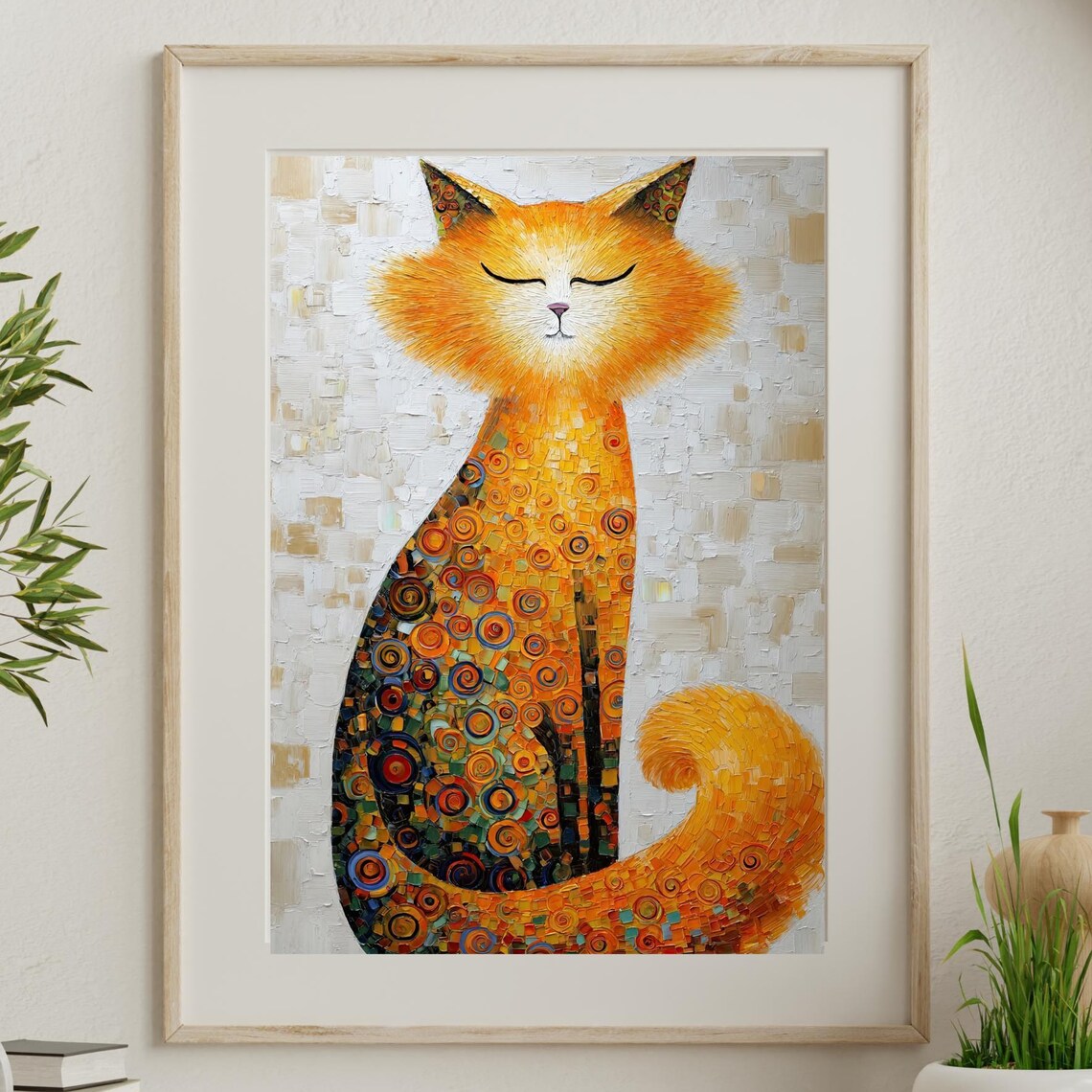 Orange Folk Art Cat Palette Knife Circles Whimsical Pet Portrait Poster