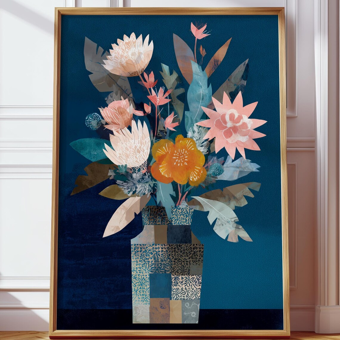 Blue Floral Bouquet Peach Blooms Patchwork Vase Bold Art Print