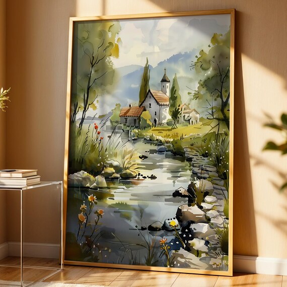 Irish Countryside Cottage Art Print Peaceful Rural Ireland Landscape Creek Village Watercolor Wall
