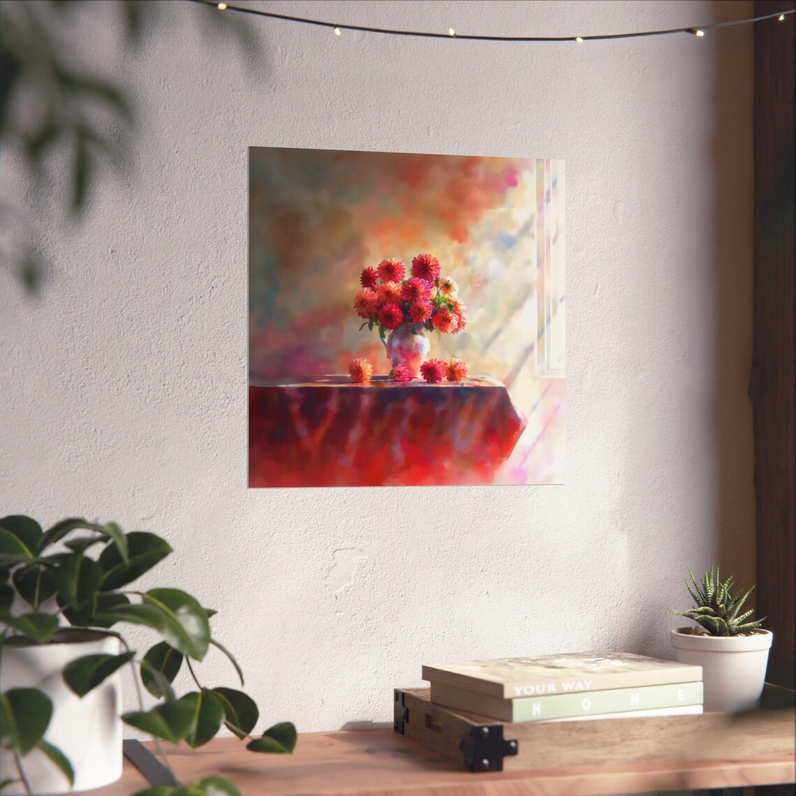 Bright Red Dahlias in Vase Warm Sunlight Watercolor Floral Poster - Image 3
