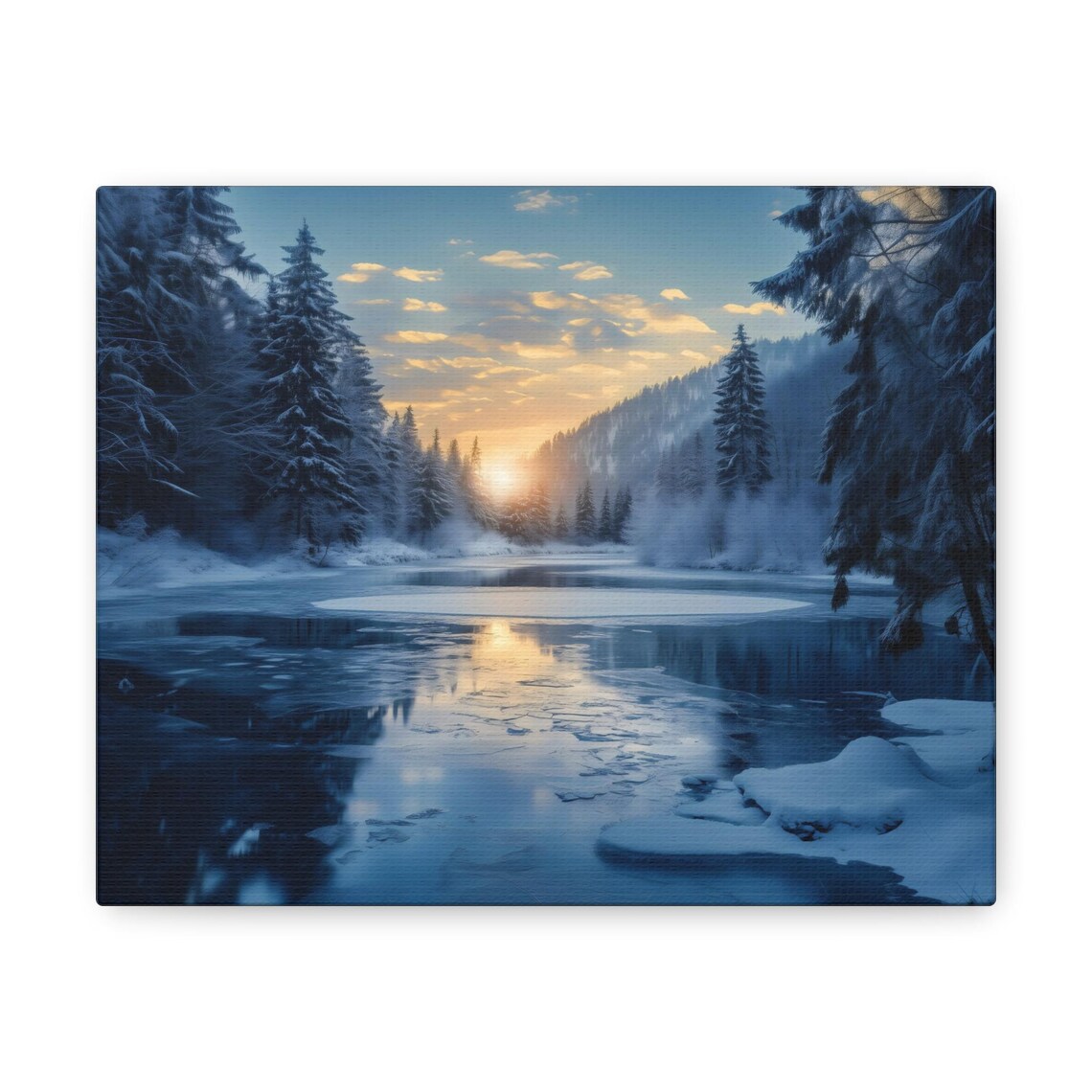 Sunrise Over Icy Lake With Pine Forest Reflection In Winter Morning Poster - Image 3