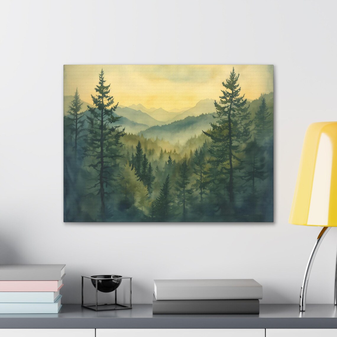 Foggy Pine Forest Watercolor Mountain Landscape At Dawn Wall Art - Image 3