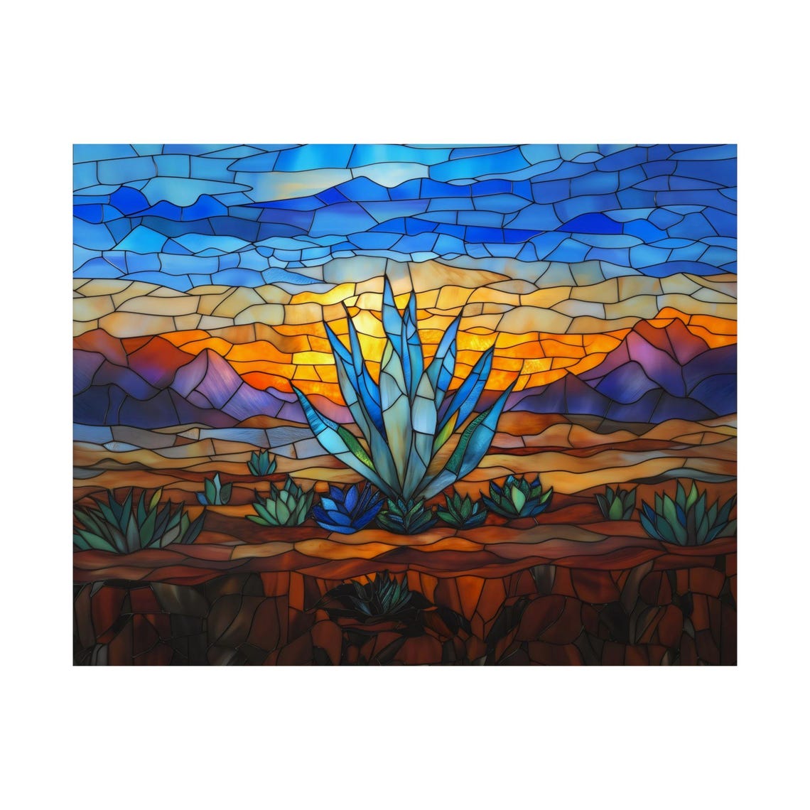 Blue Agave Desert Stained Glass Style Sunset Landscape Poster - Image 3