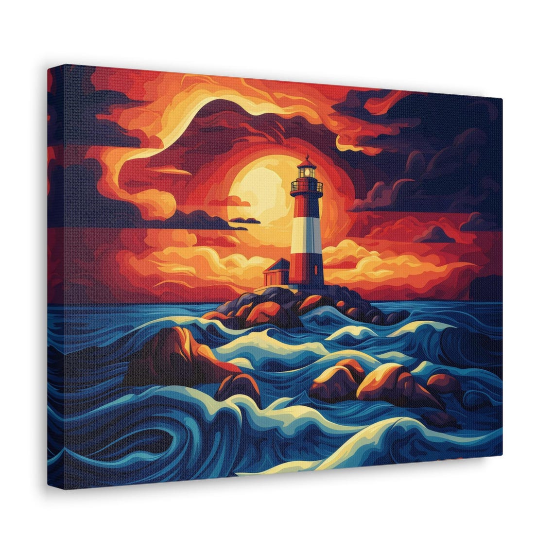 Striped Lighthouse On Rocky Island Dramatic Sunset Waves Poster - Image 2