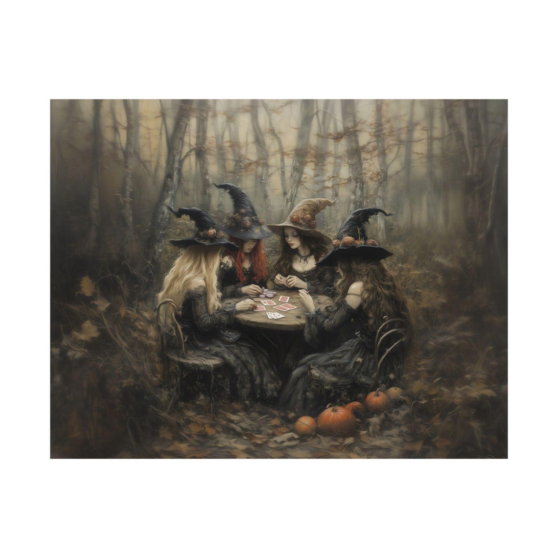 Four Witches Playing Cards Autumn Forest Pumpkins Halloween Poster - Image 4