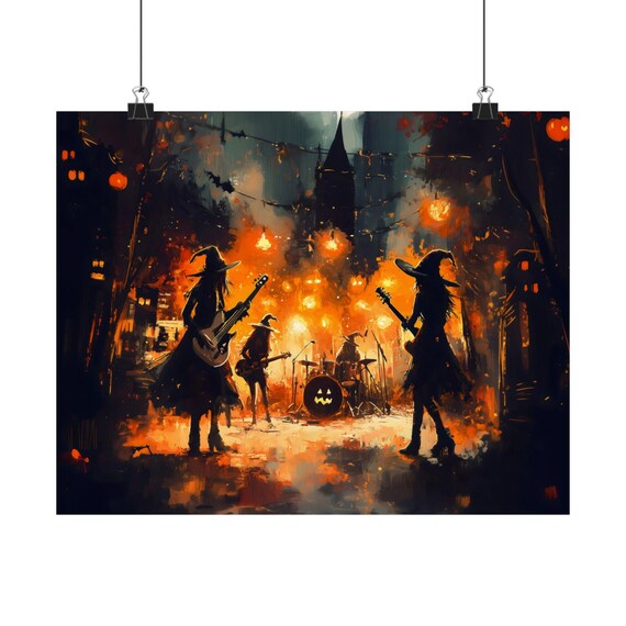 Spooky Witch Rock Band Playing Halloween Night Concert Poster