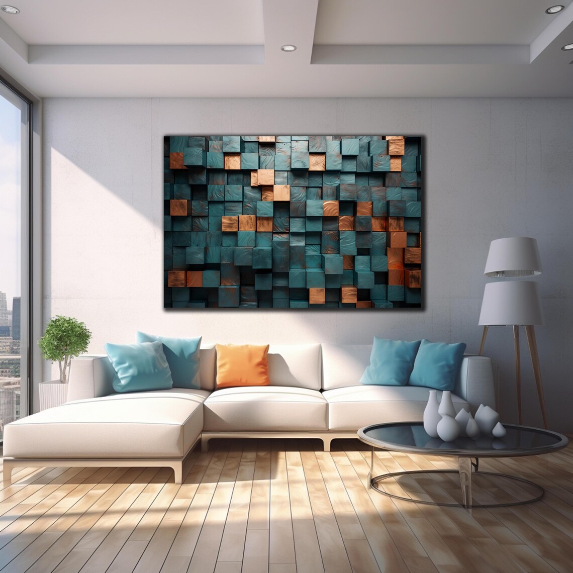 Dark Teal Wood Cube Mosaic Copper Accents 3D Abstract Art Poster - Image 4