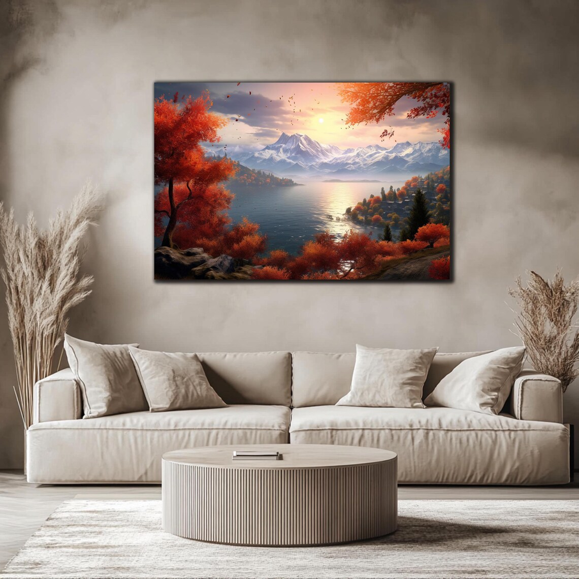 Snowy Mountain Lake Sunrise Red Autumn Trees Golden Morning Poster - Image 4
