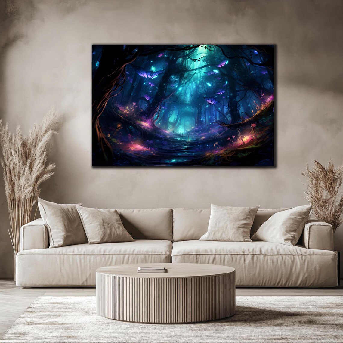 Fireflies Illuminate Forest Tempered Glass Wall Art Fantasy Neon Wall Decor Optical Illusion Artwork Psychedelic Glowing Forest Glass Art - Image 3