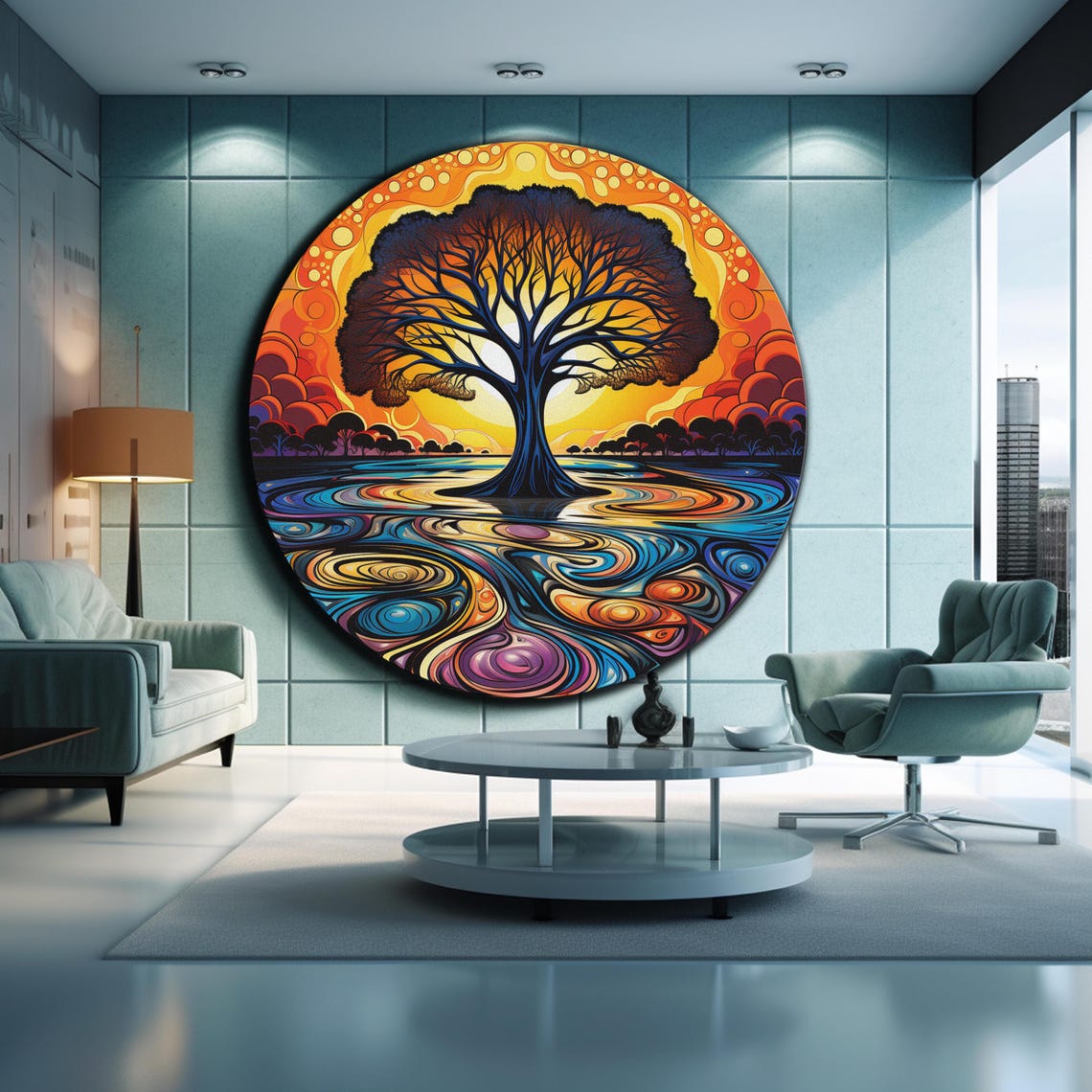 Psychedelic Tree Of Life Sunset Swirl Abstract Colorful Round Wall Art - Image 2