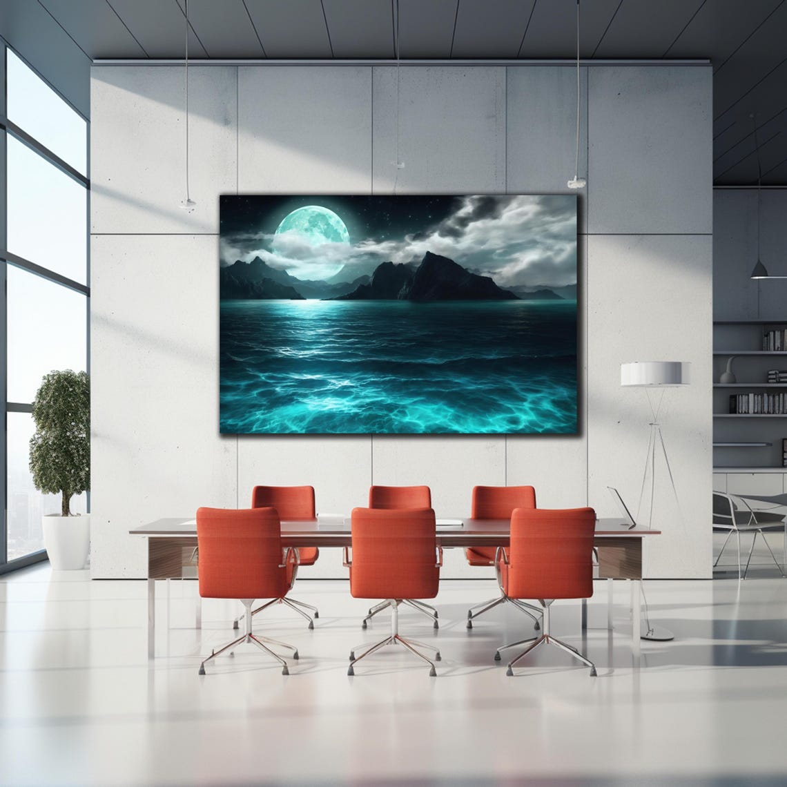 Full Moon Ocean Night Waves Mountain Silhouette Glass Wall Art Poster - Image 2