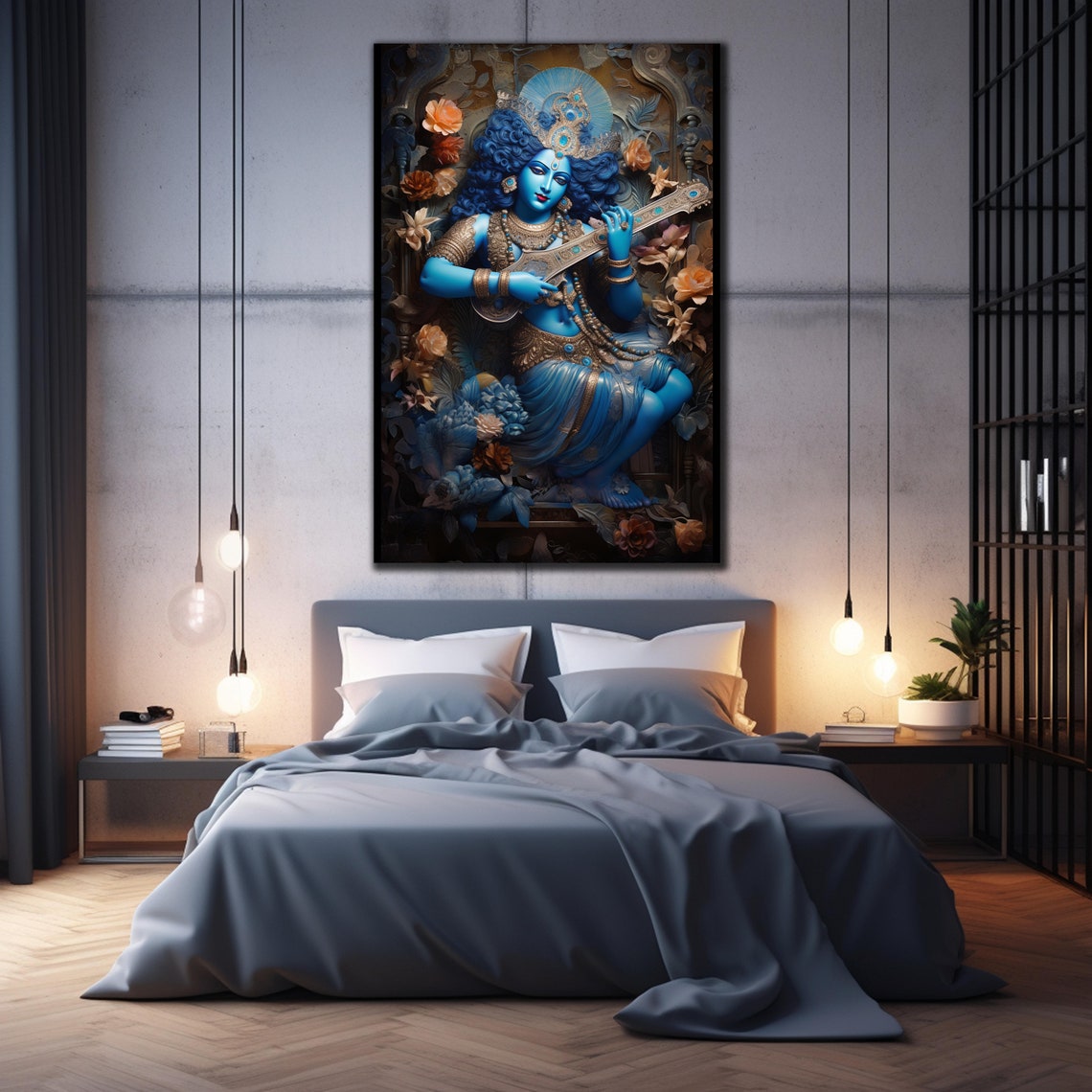 Lord Krishna Playing Sitar Blue Hindu God Floral Divine Art Poster - Image 2