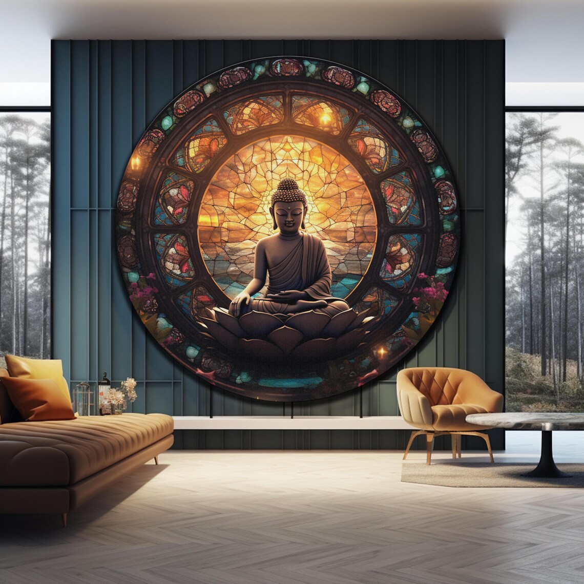Buddha Lotus Silhouette Amber Stained Glass Dome Round Wall Art - Image 4