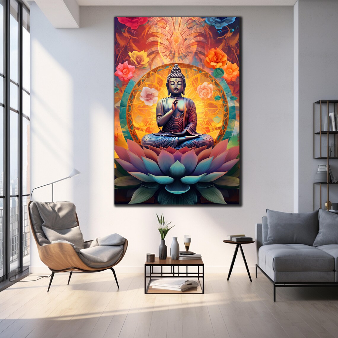 Buddha Meditating Lotus Mandala Golden Halo Zen Wall Art Poster - Image 3