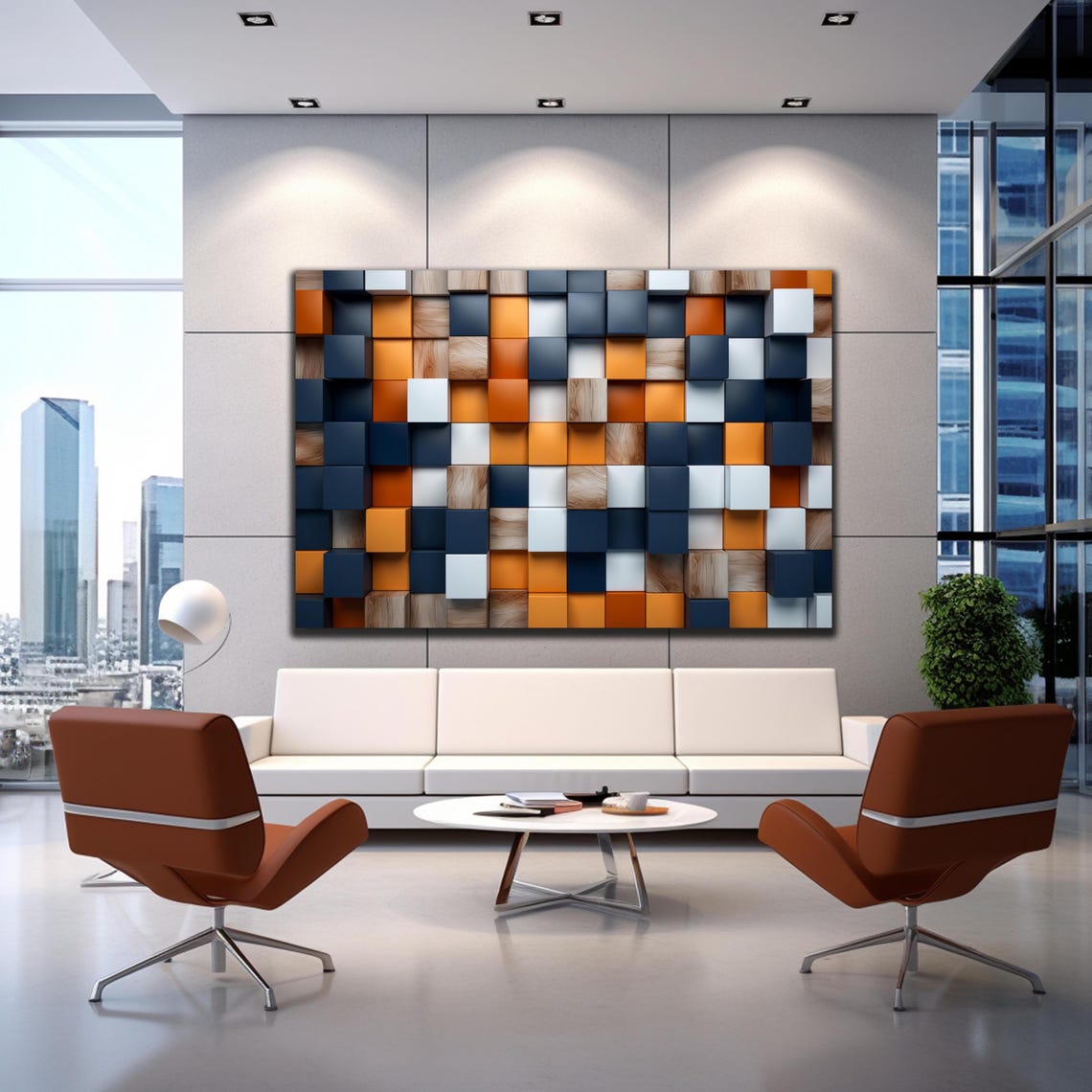 Navy Orange White Wood 3D Cube Blocks Modern Abstract Wall Art - Image 2