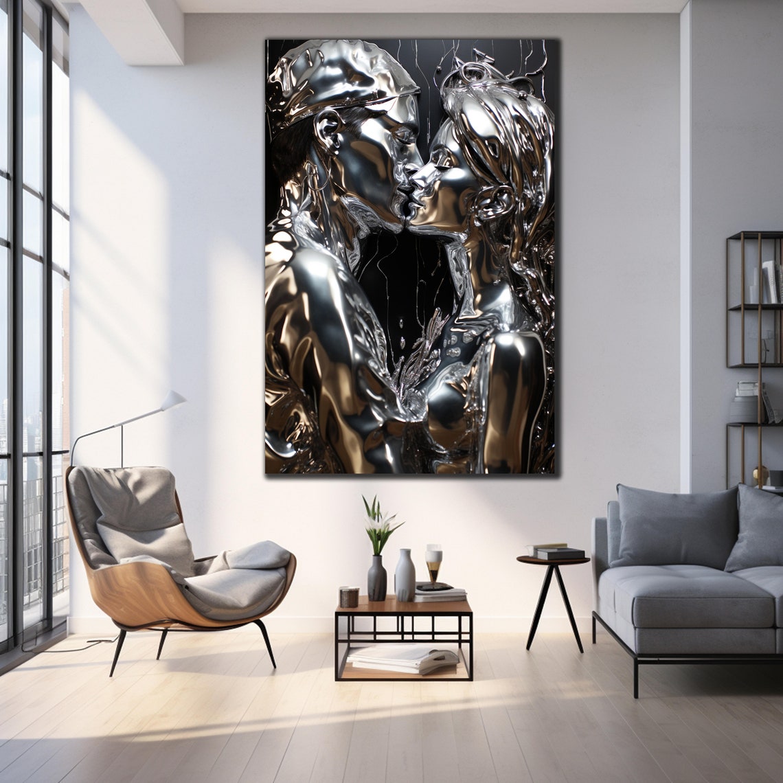 Chrome Silver Kissing Couple Liquid Metal Romantic Art Wall Poster - Image 3