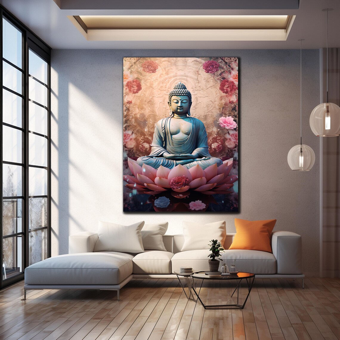 Serene Buddha Statue Pink Lotus Flowers Meditation Wall Art Poster - Image 4