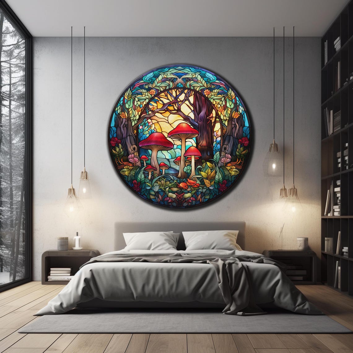 Stained Glass Mushrooms Forest Round Red Cap Nature Wall Art Poster - Image 3