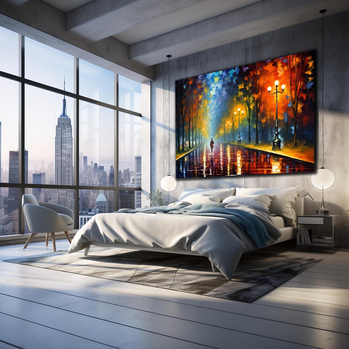 Oil Painting Landscape Glass Wall Art Oil Painting Glass Glass Print Art Street Painting Glass Art Colorful Street Lamps Art Landscape - Image 3