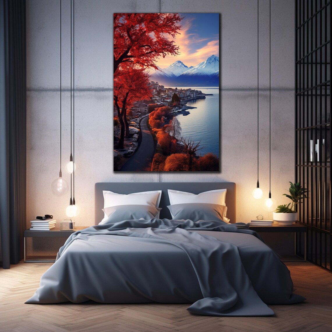 Alpine Lake Town Autumn Red Trees Snow Peaks Sunset Travel Poster - Image 2