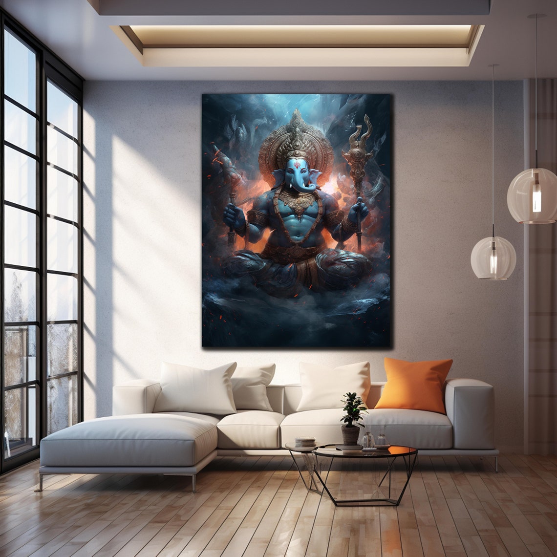 Lord Ganesha Warrior Blue Trident Cosmic Fire Storm Art Wall Poster - Image 4