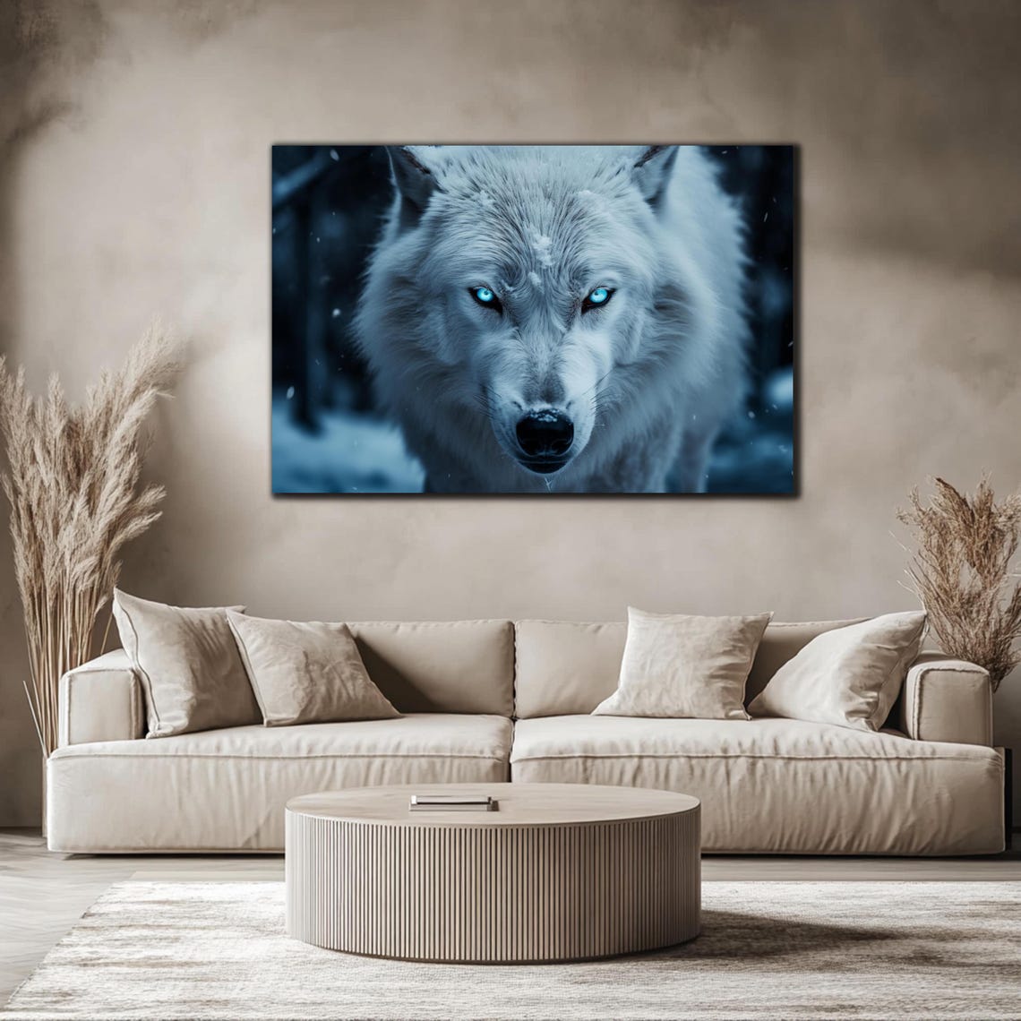 Dramatic Gray Wolf Piercing Cyan Eyes Snowy Forest Close Up Wall Art - Image 4
