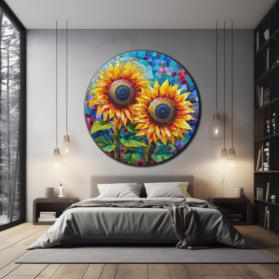 Bright Sunflower Mosaic Round Blue Tile Floral Wall Art Poster - Image 3