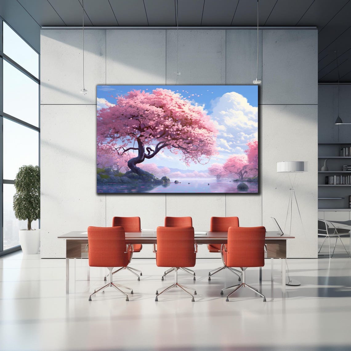 Cherry Blossom Tree Lake Blue Sky Spring Anime Style Landscape Poster - Image 2