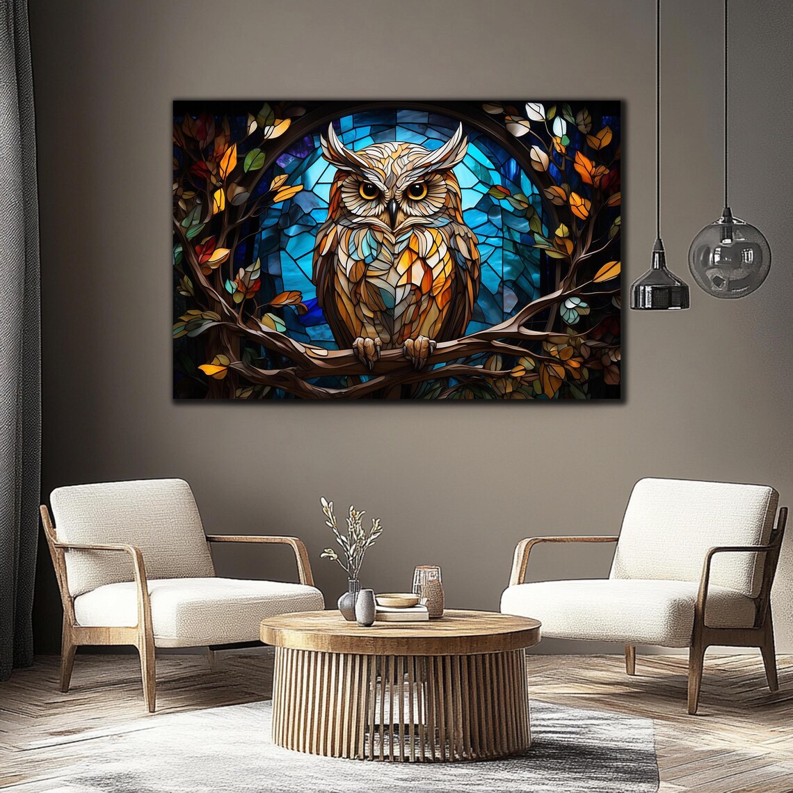 Stained Glass Owl on Branch Amber Gold Blue Night Window Wall Art - Image 4